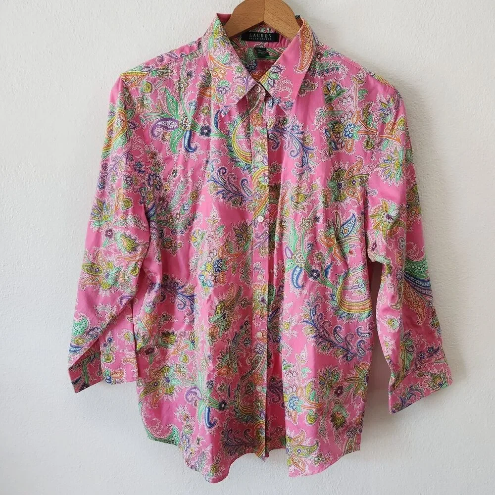 Lauren Ralph Lauren Cotton Pink Paisley Button-Down Blouse Barbie Core XL - Picture 1 of 9